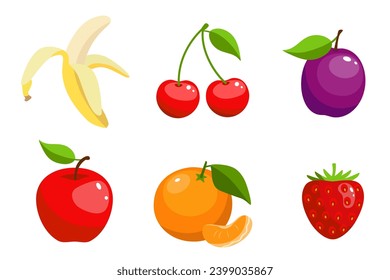 Vector food icons, illustration of fruit and berries, print design for children, stickers set with sweet fruit in cartoon flat style