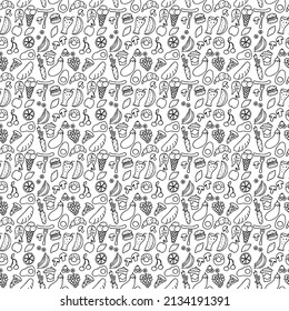 vector food icons. seamless pattern with food icons. icons of seafood, mushrooms, sweets, vegetables and fruits.