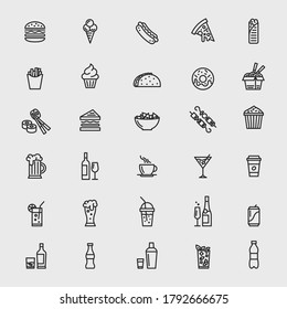 Vector food icons set. 30 Food and drinks icons isolated on white background.