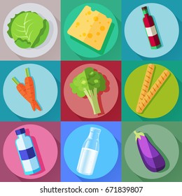 Vector food icons set in modern flat style. Cabbage, cheese, vine, carrot, broccoli, bread, water, milk, eggplant. Healthy food icons.