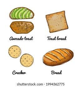 Vector food icons of vegetables. Colored sketch of food products. Avocado toast, cracker, bread, toast