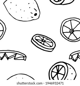 Vector food illustration. Black and white fruits. Outline style. For print, design, back, textile, packaging, canvas. Hand drawn vector illustration. Seamless color patterns. 
