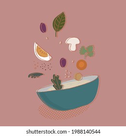 Vector food illustration. Bowl, spices, vegetables.