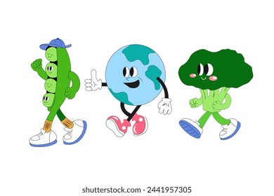 Vector food illustration, cartoon vegetable characters collection, globe character, broccoli character, green beans character 