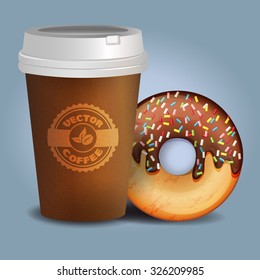 Vector food illustration of coffee cup and donut with chocolate sweet cream. Abstract design concept for cafe, restaurant, breakfast menu, desserts, bakery.