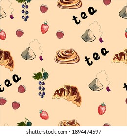 Vector food illustration. Cute seamless pattern with croissants, tea pyramids, currants, strawberries, hazelnuts and cinnamon buns.