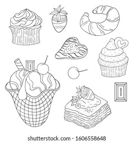 Vector food illustration with different pretty sweets, biscuits, cookies and cakes