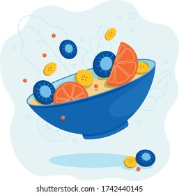 Vector food illustration, fruit salad with kiwi, orange, banana and berries.