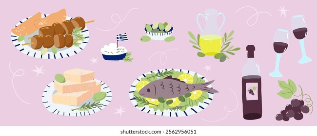 Vector food illustration, greek pita, souvlaki on plate, tzatziki sauce, olives, parsley, feta cheese, olive oil bottle, wine, grape, served fish, lemon, rosemary, lettuce. Greece traditional cuisine
