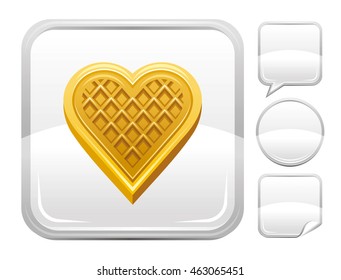 Vector food illustration of heart waffle biscuit. Blank button form set - square, speaking bubble, circle, sticker.