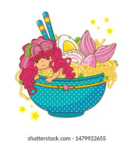 Vector food illustration. Kawaii ramen art. Anime mermaid with pink curls and tail in plate with noodles, narutomaki, egg, chopsticks, stars. Asian (China, Korean, Japanese) street food print