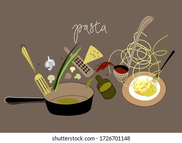 vector food illustration of pasta preparation. home cooking. italian cuisine clipart, noodles. traditional italian dish sketch. italian restaurant, cafe, diner menu, signboard or advertising