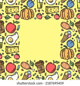 Vektorgrafik Food mit Platz für Text. Doodle-Lebensmittelhintergrund.