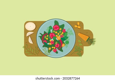 Vector food illustration, salade with vegetables, tomatoes, cucumber, carrots. pepper, olive, onion