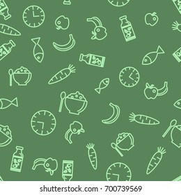 Vector food illustration. Seamless pattern with dietetics healthy food icons. Repeated texture for presentation and background. Line art elements.