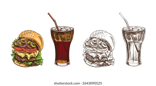 Vector food illustration set in vintage hand drawn style, featuring a juicy cheeseburger with lettuce, tomato, pickles, onions, and soda drink with ice and straw. Includes both colored and monochrome