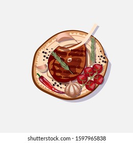 Vector food illustration with steak ribeye, rosemary, tomato, hot pepper, garlic, black pepper and salt on wooden plate. 