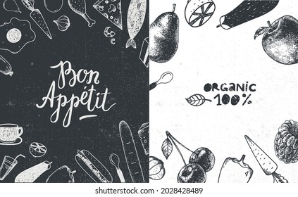 Vector food illustration. Templates design with hand drawn breakfast, dinner. Can be used for brochures, banner, restaurant menu, organic food store. Bon appetit lettering. Kitchen, cooking