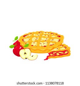 Vector food illustration of a whole pie with one slice and apples isolated on the white background.