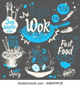 Vector food illustration with wok products. Sketch set with pan, chinese noodles, ginger, soy sauce. Funny labels, asian fastfood symbols.
