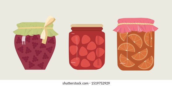 Vector food illustrations of three jars of berry jam with strawberry, orange slice and blackberry, preservation for the winter