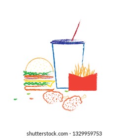 Vector food image Draw from the computer, draw without skating on paper first, burger food, french fries, fried chicken, drinking water-vector