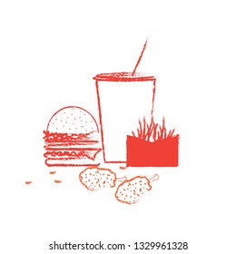 Vector food image Draw from the computer, draw without skating on paper first,  burger food, french fries, fried chicken, drinking water-vector