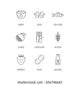 Vector food intolerance icon set in trendy linear style.Food allergen symbols with editable strokes