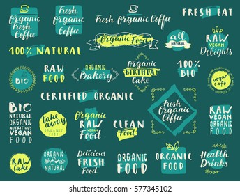 Vector food labels for vegetarian restaurant, cafe, bakery menu. Organic Fresh Coffee. Fresh Natural Organic Food. Raw Vegan Delights. 100% Bio. Take away.Hand drawn stickers. Lettering, calligraphy