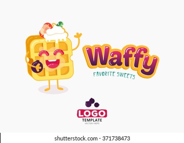 Vector food logo design. Belgium waffles with ice cream and strawberries isolated on white background. Belgian sweet wafer logo template. Bright and positive character.