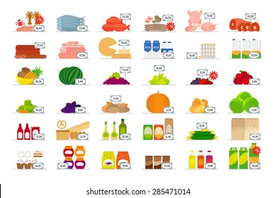 Vector food market flat icons with price tags