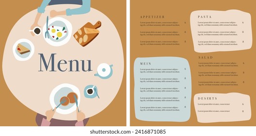 Vector food menu template with cute illustration and place for text. The cover of the menu shows a couple having breakfast. Menu for a family restaurant, a cozy cafe for pleasant meetings with friends