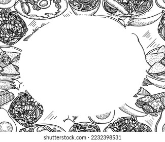 Vector food menu template, Latin american cuisine. Hand drawn black and white vintage sketchs of Mexican food.