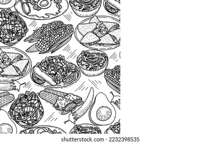 Vector food menu template, Latin american cuisine. Hand drawn black and white vintage sketchs of Mexican food.