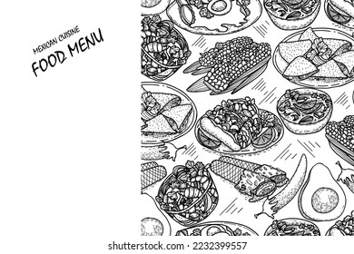 Vector food menu template, Latin american cuisine. Hand drawn black and white vintage sketchs of Mexican food.