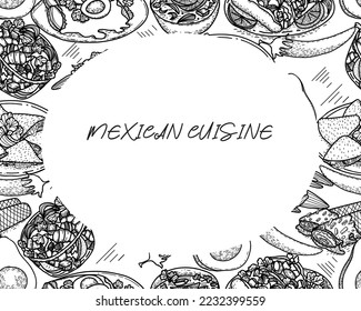 Vector food menu template, Latin american cuisine. Hand drawn black and white vintage sketchs of Mexican food.