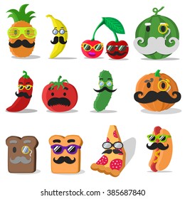 Vector food with mustache. Food icons isolated. Set of vector food on white background