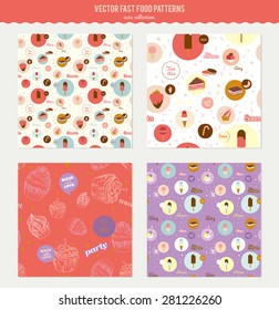 Vector food pattern with dessert icons in circles. Icons of cakes, pastry, sweet bakery, cupcake, ice cream, candies for restaurants, cafes, cake manufacturer, on line shop, events.