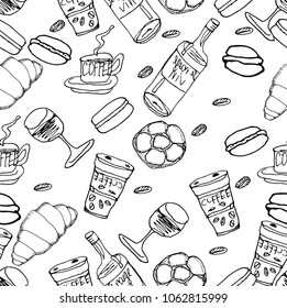 Vector food pattern. Hand drawn seamless background. A bottle of wine, macaroons, croissants, a glass of wine, bagel, bread, a cup of coffee, dessert, coffee beans. Sketches.