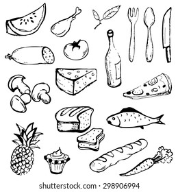 Vector food. Pineapple, fish, cheese, mushrooms, tomato, pizza, bread, baguette, cake, carrot, drink, chicken, knife, spoon, fork.