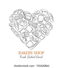 Vector food poster bread products in heart shaped for bakery . Hand drawn sketch rye and wheat bread, croissant, whole grain bread, bagel, toast bread, french baguette for design menu bakery shop.