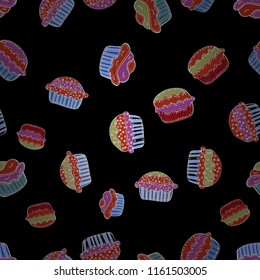 Vector. For food poster design. Cake muffin cute seamless pattern. Nice birthday pattern on black, orange and purple.