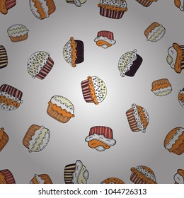 Vector. For food poster design. Nice birthday pattern on white, orange and black. Cake muffin cute seamless pattern.