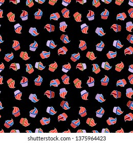 Vector. For food poster design. Nice birthday pattern on red, black and white. Cake muffin cute seamless pattern.