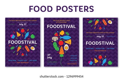 Design-Set für Vektor-Lebensmittelplakate. Bannergrafik mit Obst- und Gemüsebildern für Festival, Markt, Messe, Shop. Grafische Hintergründe für Feuerwerkskörper mit frischen Produkten, Kuchen, Hotdog