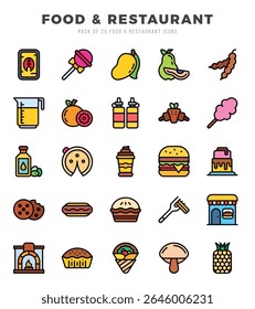 Vetor Food and Restaurant tipos ícone definido em Lineal Color style. ilustração vetorial.