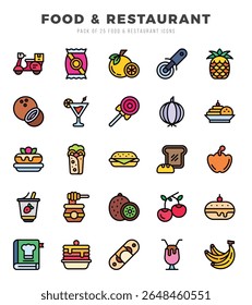 Vetor Food and Restaurant tipos ícone definido em Lineal Color style. ilustração vetorial.