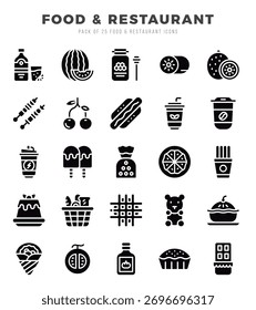 Vector Icono de tipos de comida y restaurante en estilo glifo. Ilustración vectorial.