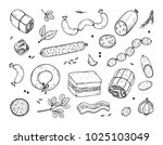 Vector Food. Sausages set. Meat products: Ready sausage, bacon, sliced saveloy, sausage, spicy pepperoni, smoked sausages, salami, baked meatloaf, frankfurters