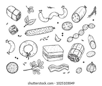 Vector Food. Sausages set. Meat products: Ready sausage, bacon, sliced saveloy, sausage, spicy pepperoni, smoked sausages, salami, baked meatloaf, frankfurters
